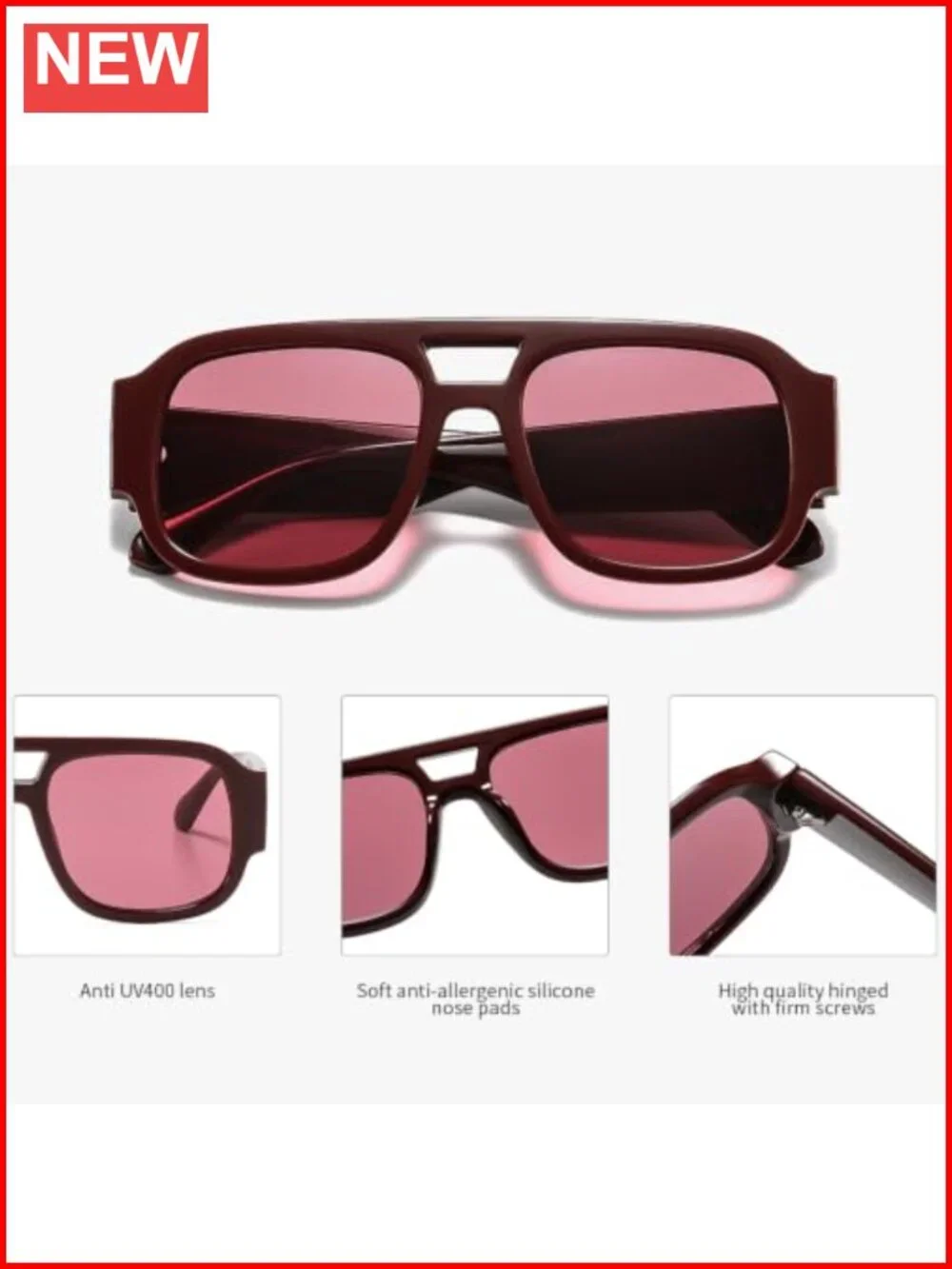 Retro Oversized Aviator Sunglasses Chunky Double Bridge Thick Frame Square